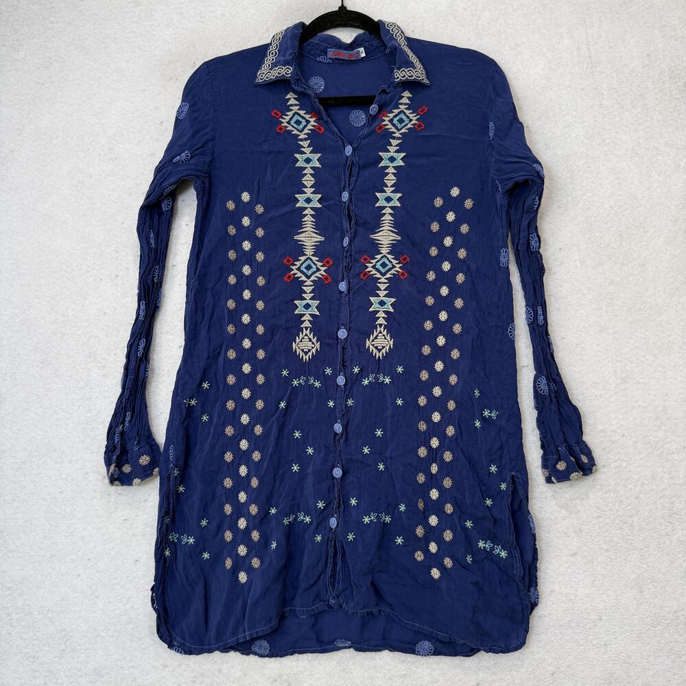 Johnny Was Shirt tunic Womens Small Blue Embroidered Geometric Boho Tunic